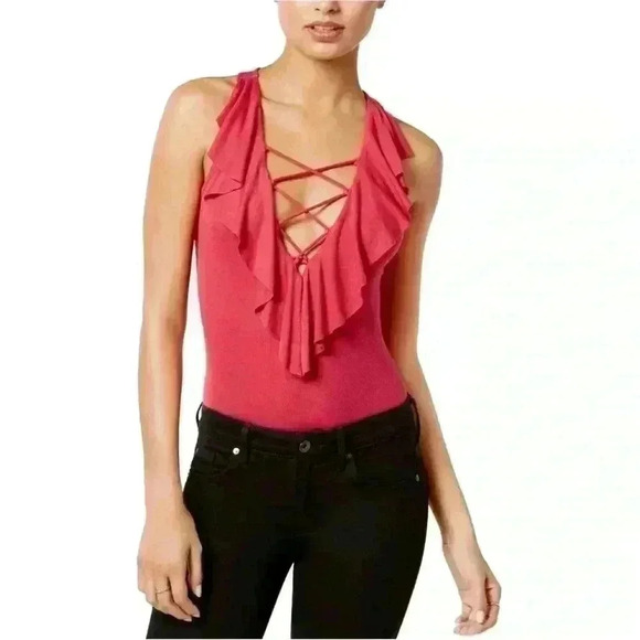 NWT GUESS Womens Pink Ruffled Bodysuit Jumpsuit Sz XL - Picture 1 of 6